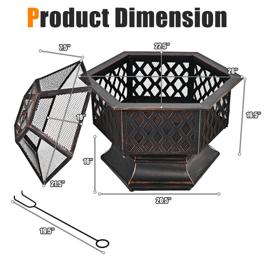 Patiojoy 26'' Outdoor Fire Pit Portable Hex-shaped Burning Bowel w/Cover & Poker