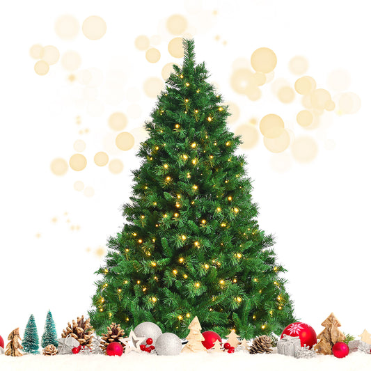 Topbuy Pre-Lit Hinged Lifelike Xmas Tree 6FT/7FT/9FT Lush Artificial Christmas Tree W/ 828/1208/2264 PVC Tips 350/500/850 LED Lights 8 Flash Modes