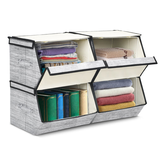 Topbuy Stackable Bins Set of 4 Storage Cubes Fabric Baskets with Lid Storage Organizers with Handles Black/Brown/Grey