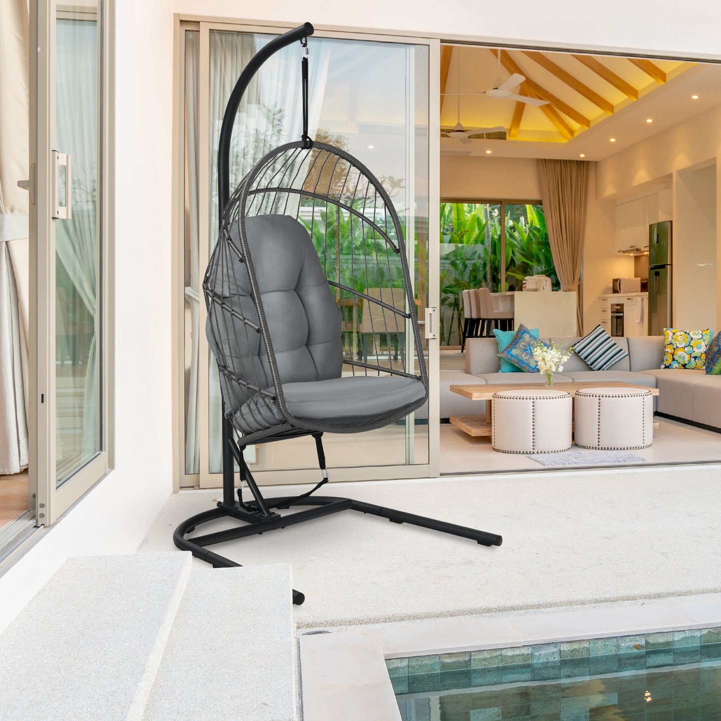 Patiojoy Modern Rattan Hanging Egg Swing Chair w/Stand Foldable Cushioned Hammock Gray/Beige