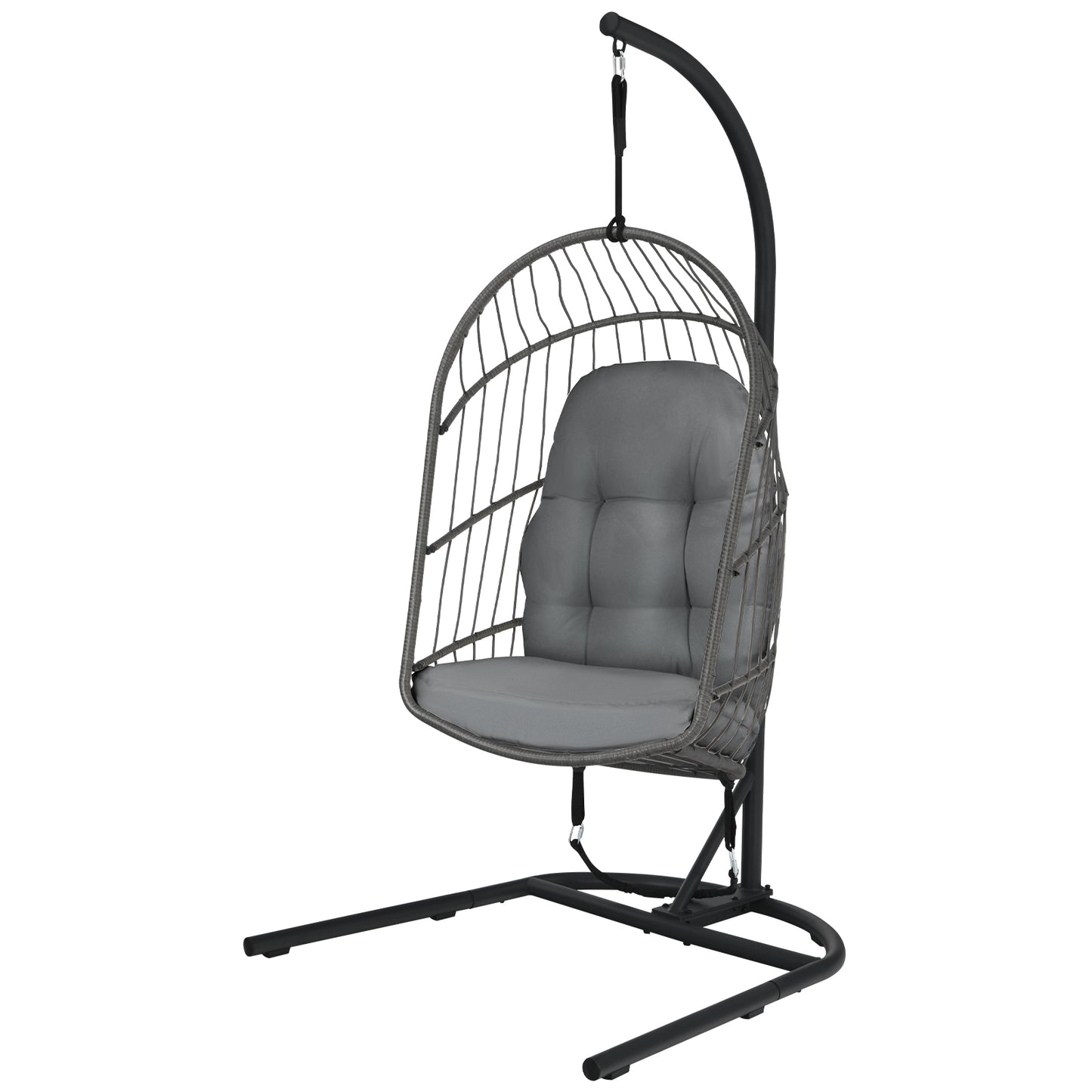 Patiojoy Modern Rattan Hanging Egg Swing Chair w/Stand Foldable Cushioned Hammock Gray/Beige