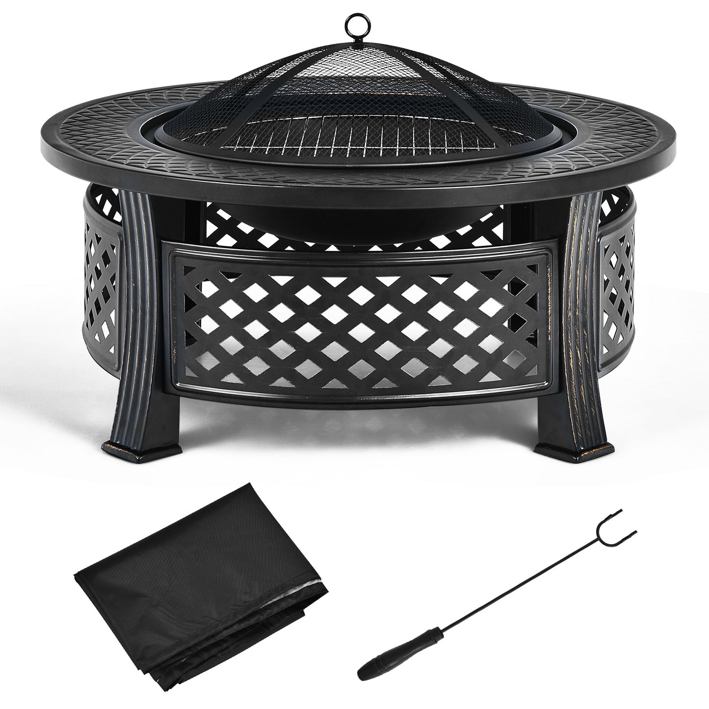Topbuy 3-in-1 Round Fire Pit Set 32 Inch Round Wood Burning Firepit Table Multifunctional Metal Firepit Stove