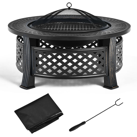 Topbuy 3-in-1 Round Fire Pit Set 32 Inch Round Wood Burning Firepit Table Multifunctional Metal Firepit Stove