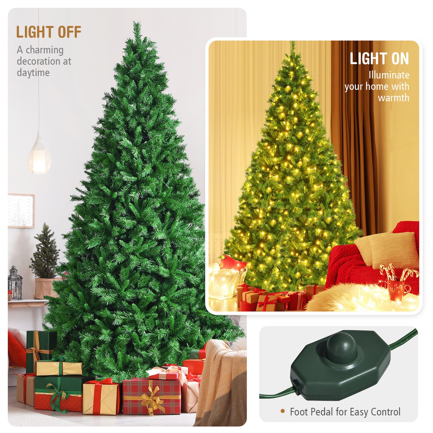 Topbuy Pre-Lit Hinged Lifelike Xmas Tree 6FT/7FT/9FT Lush Artificial Christmas Tree W/ 828/1208/2264 PVC Tips 350/500/850 LED Lights 8 Flash Modes