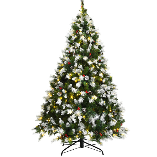 Topbuy 6ft/7.5ft/9ft Pre-lit Snowy Christmas Tree Pre-strung Xmas Decoration Tree w/ 250/550/900 Warm White LED Lights & 818/1398/2058 PVC Tips