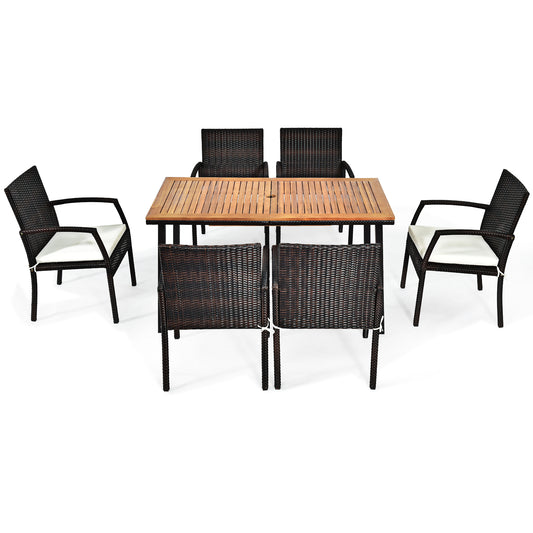 Patiojoy 7PCS Patio Rattan Furniture Dining Set Wooden Table Cushioned Chair