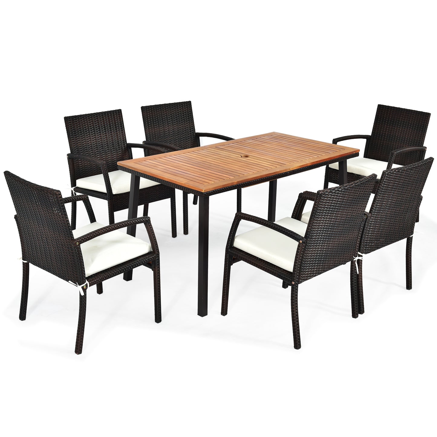 Patiojoy 7PCS Patio Rattan Furniture Dining Set Wooden Table Cushioned Chair