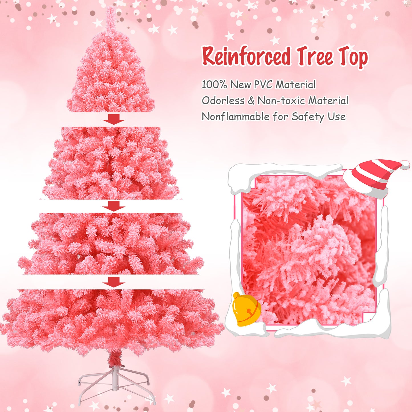 Topbuy Pink Christmas Tree 4.5Ft/6.5Ft/7.5Ft Xmas Decoration Tree w/ 348/884/1364 Snow Flocked PVC Tips & Metal Stand