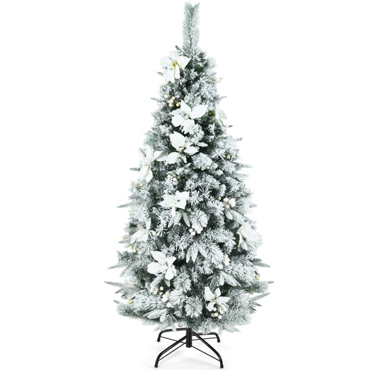 Topbuy Pre-Lit Lifelike Xmas Tree 5FT/6FT/7FT/8FT Snow-Flocked Slim Christmas Tree W/ 339/471/627/807 Branches Tips