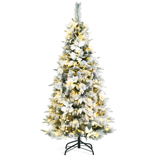 Topbuy Pre-Lit Lifelike Xmas Tree 5FT/6FT/7FT/8FT Snow-Flocked Slim Christmas Tree W/ 339/471/627/807 Branches Tips