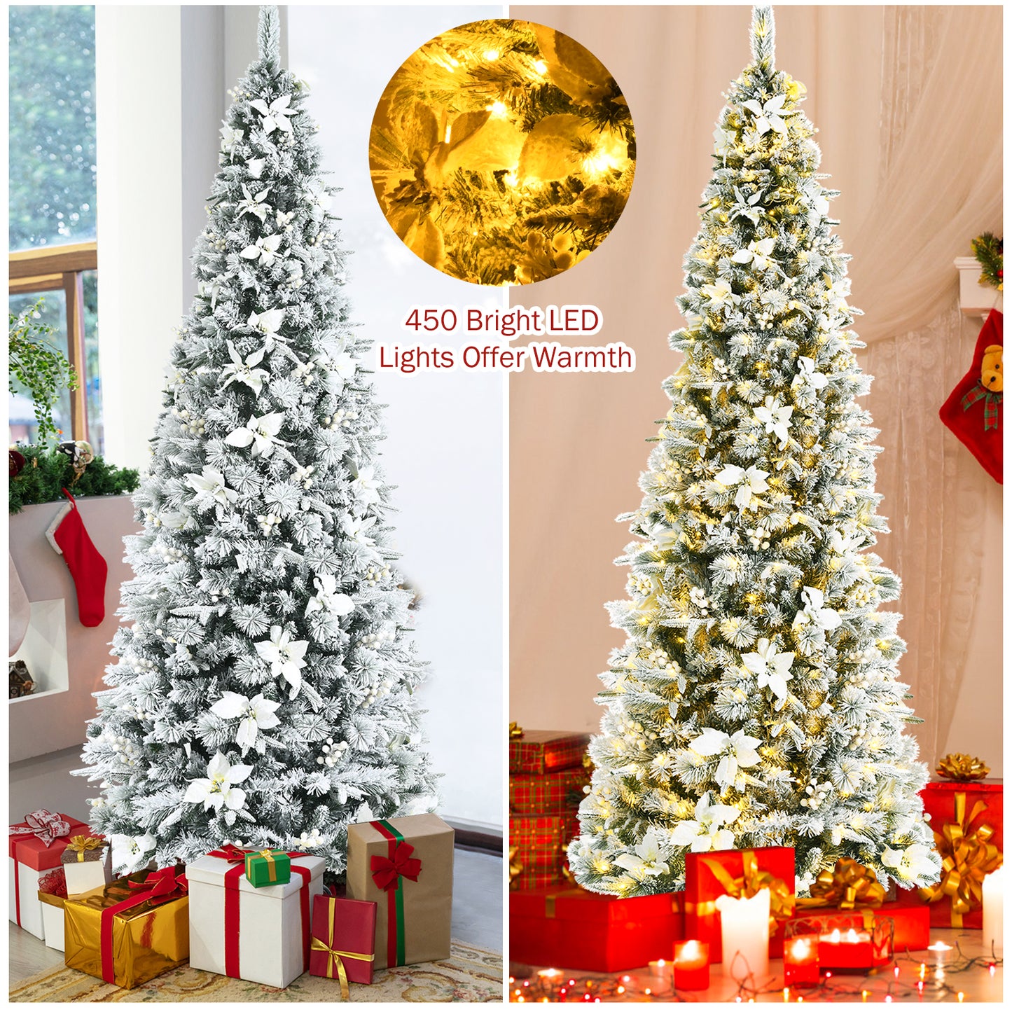 Topbuy Pre-Lit Lifelike Xmas Tree 5FT/6FT/7FT/8FT Snow-Flocked Slim Christmas Tree W/ 339/471/627/807 Branches Tips