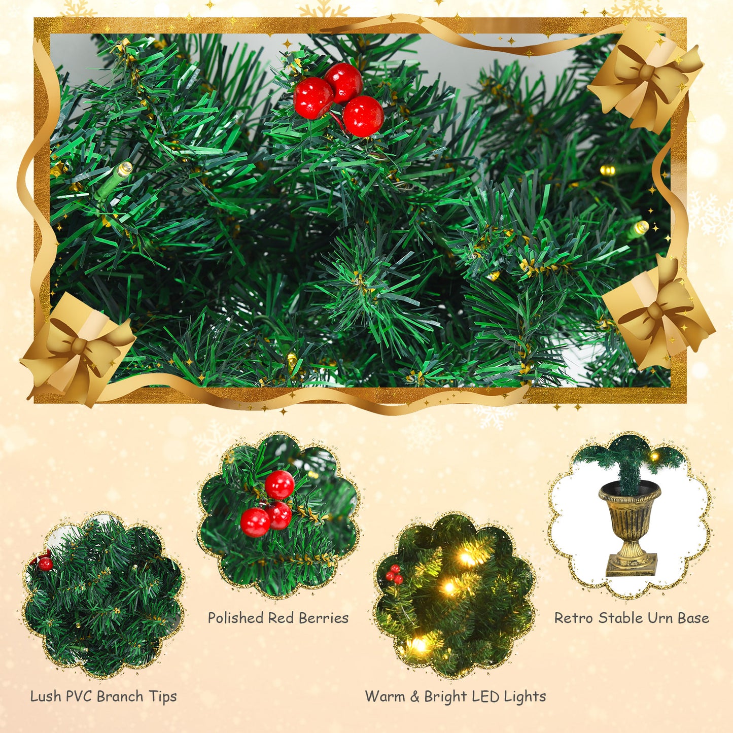 Topbuy Pre-Lit Holiday Christmas 4-Piece Set Door Wreath & Garland & Pack of 2 Entrance Trees W/ 200 LED Lights & Red Berries