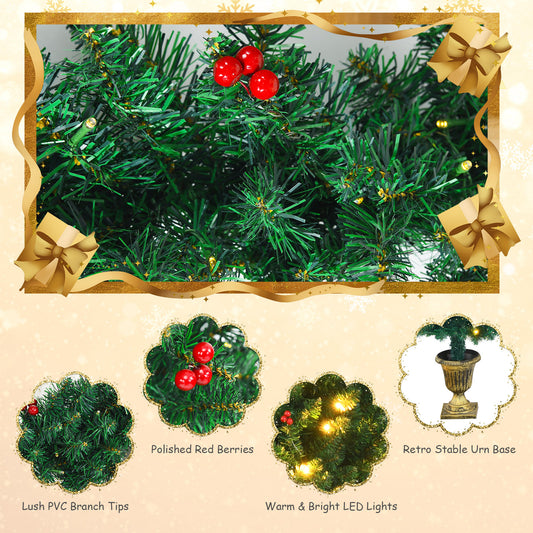 Topbuy Pre-Lit Holiday Christmas 4-Piece Set Door Wreath & Garland & Pack of 2 Entrance Trees W/ 200 LED Lights & Red Berries