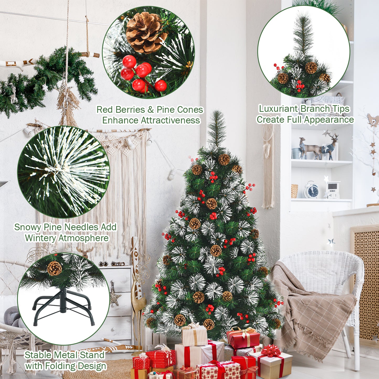 Topbuy Wintry Lifelike Christmas Tree 4FT Decorative Xmas Tree W/ Pine Cones & Red Berry Clusters