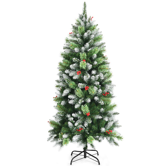 Topbuy 5ft/6ft/7.5ft Evergreen Christmas Tree Hinged Artificial Xmas Tree w/ Snow Sprayed Branch Tips & Red Berry Clusters
