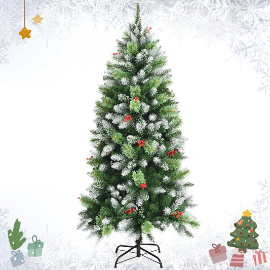 Topbuy 5ft/6ft/7.5ft Evergreen Christmas Tree Hinged Artificial Xmas Tree w/ Snow Sprayed Branch Tips & Red Berry Clusters