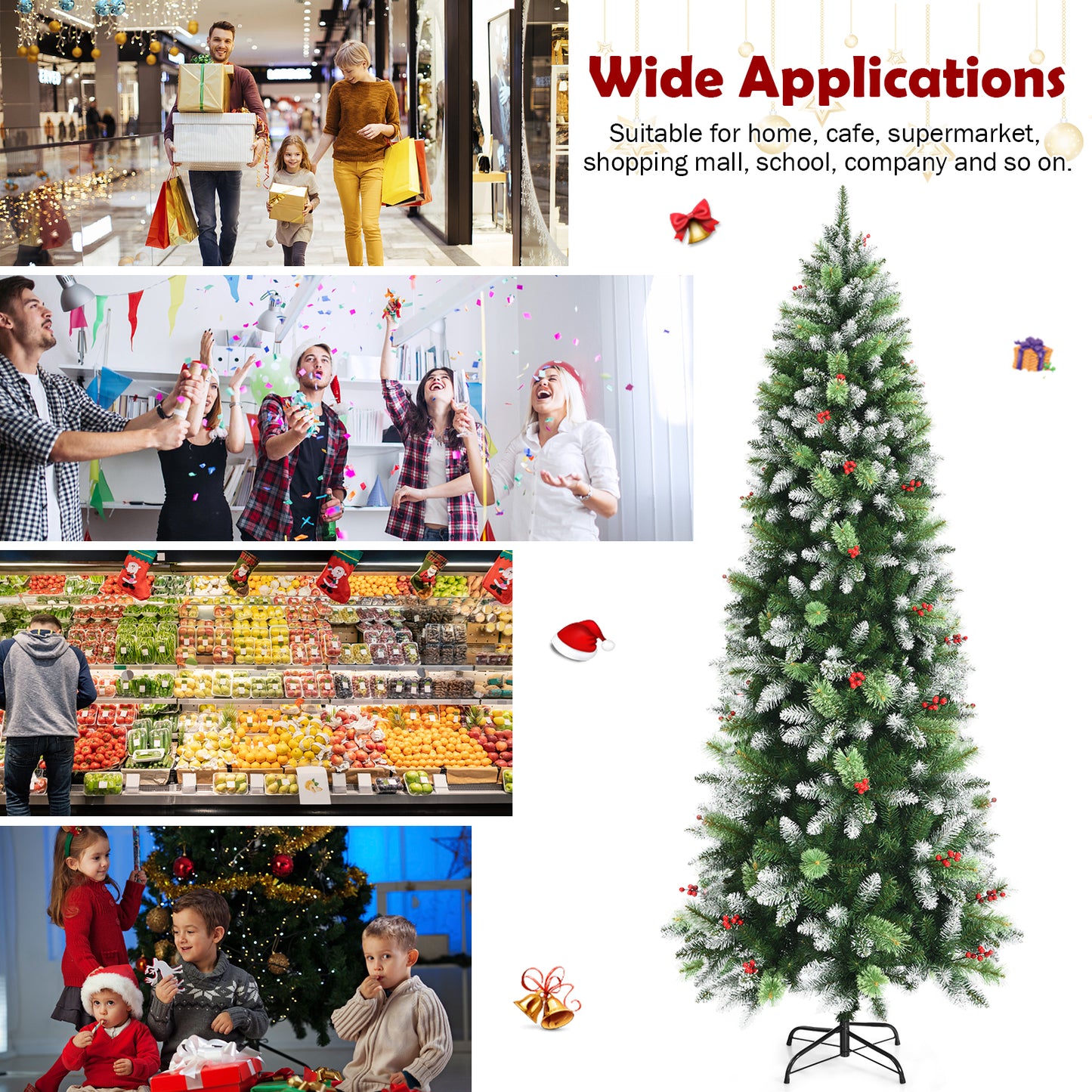 Topbuy 5ft/6ft/7.5ft Evergreen Christmas Tree Hinged Artificial Xmas Tree w/ Snow Sprayed Branch Tips & Red Berry Clusters