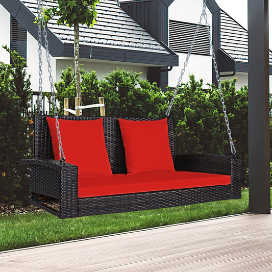 Topbuy Outdoor Wicker Porch Swing Bench 2-Person Patio Rattan Swing Chair W/ Soft Cushions Red/Turquoise/White/Black