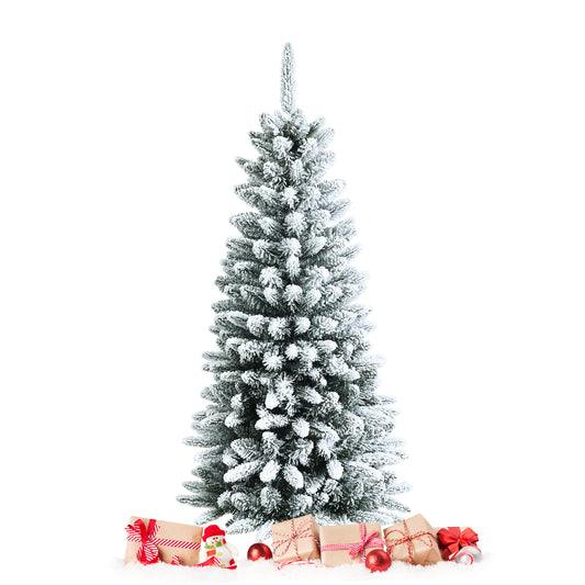 Topbuy 4.5FT/6.5FT/7.5FT Slim Snow-Flocked Christmas Tre Hinged Pencil Tree W/ 373/829/1189 Branch Tips Premium PE & PVC
