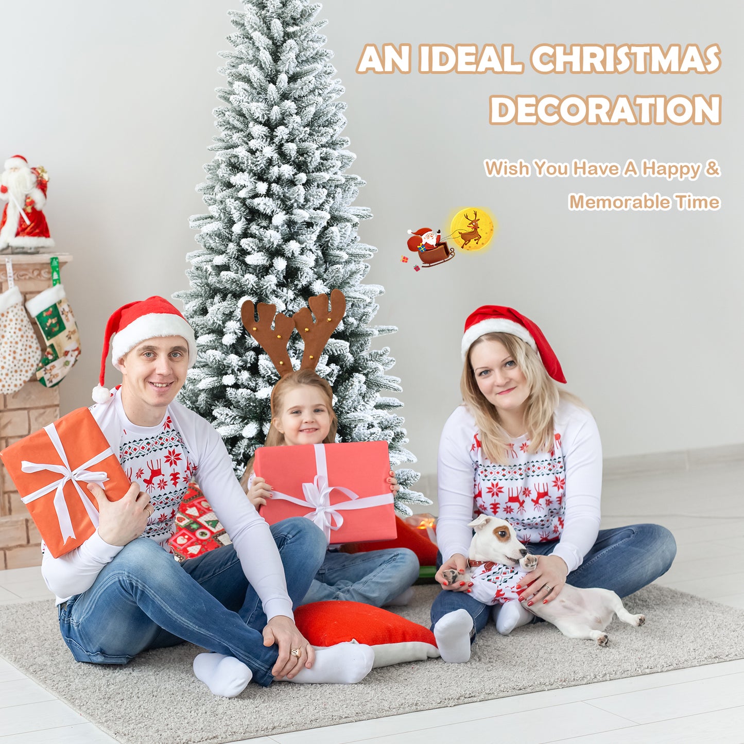 Topbuy 4.5FT/6.5FT/7.5FT Slim Snow-Flocked Christmas Tre Hinged Pencil Tree W/ 373/829/1189 Branch Tips Premium PE & PVC