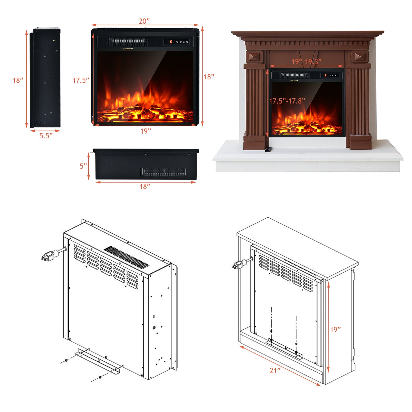 Topbuy 18'' Recessed Electric Fireplace Freestanding Heater w/Dual Control 750W/1500W Mode Realistic Flame