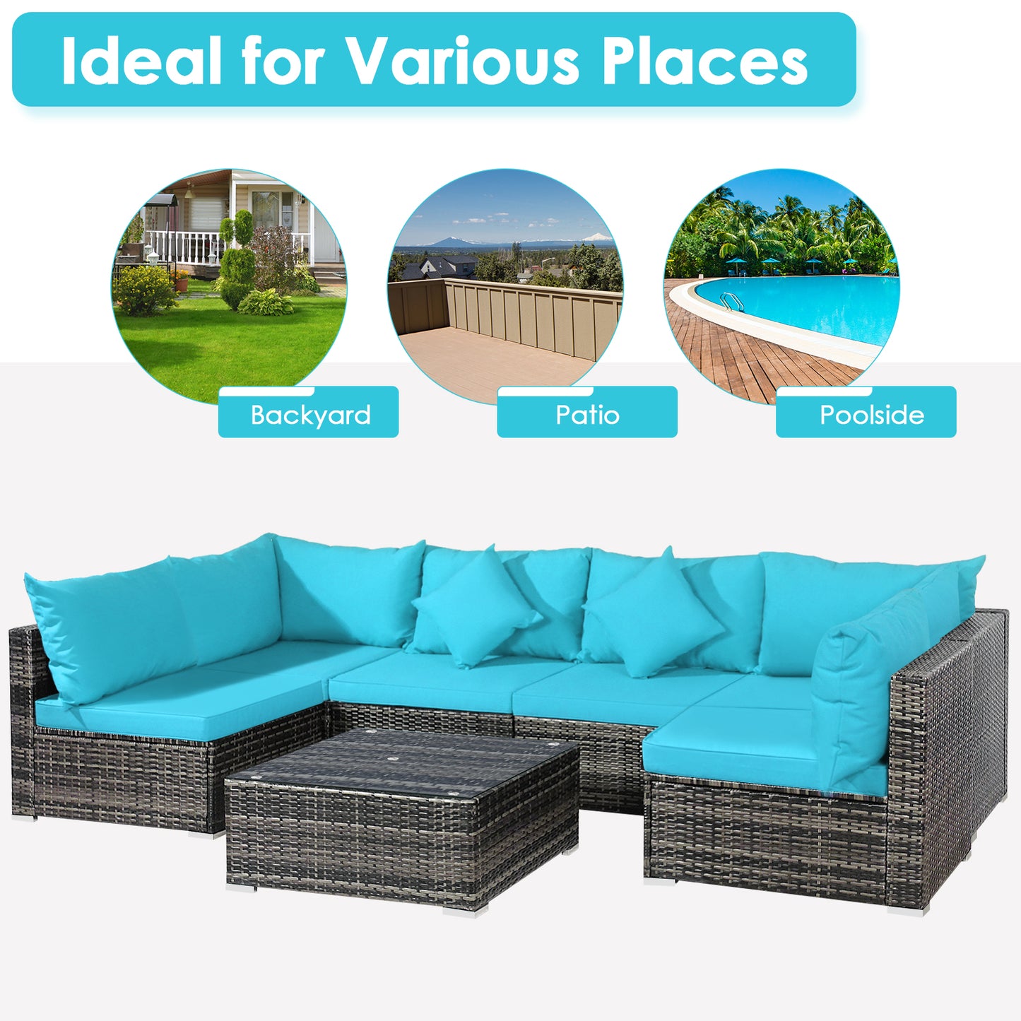 Patiojoy 7 PCS Outdoor Patio Furniture Set All-Weather PE Rattan Sofa Set w/Coffee Table & Cushions Black/Grey/Off Wihte/Red/Navy/Turquoise