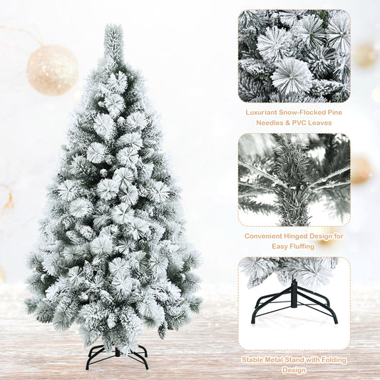 Topbuy 5/6/7FT Hinged Slim Artificial Xmas Tree, Snow-Flocked Pencil Christmas Tree W/ 470 Branch Tips