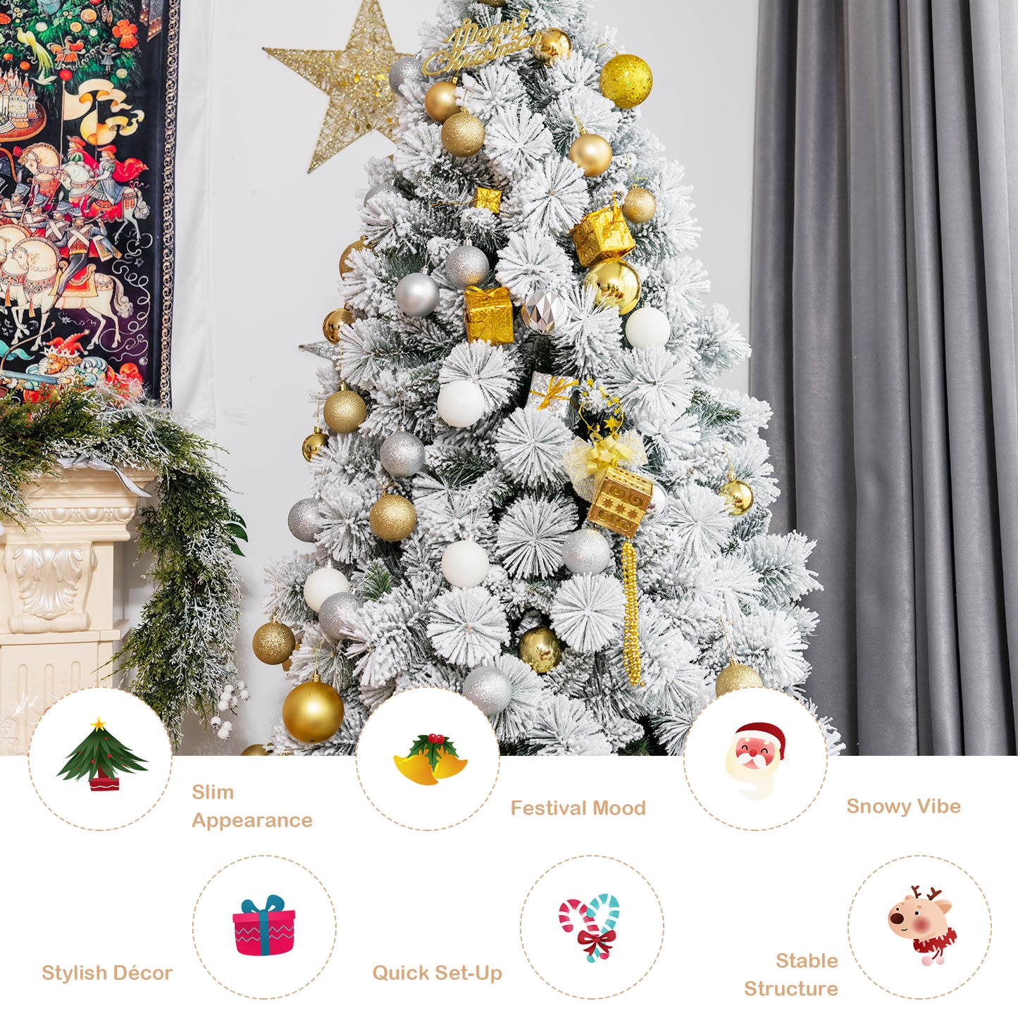 Topbuy 5/6/7FT Hinged Slim Artificial Xmas Tree, Snow-Flocked Pencil Christmas Tree W/ 470 Branch Tips