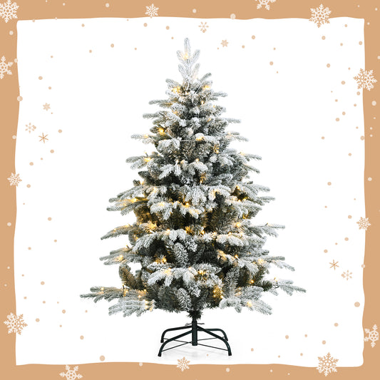 Topbuy 4.5FT/6FT/7FT Snow Flocked Christmas Tree, Pre-lit Artificial Xmas Tree w/ 120/260/300 LED Lights & 757/1415/1687 PE & PVC Branch Tips