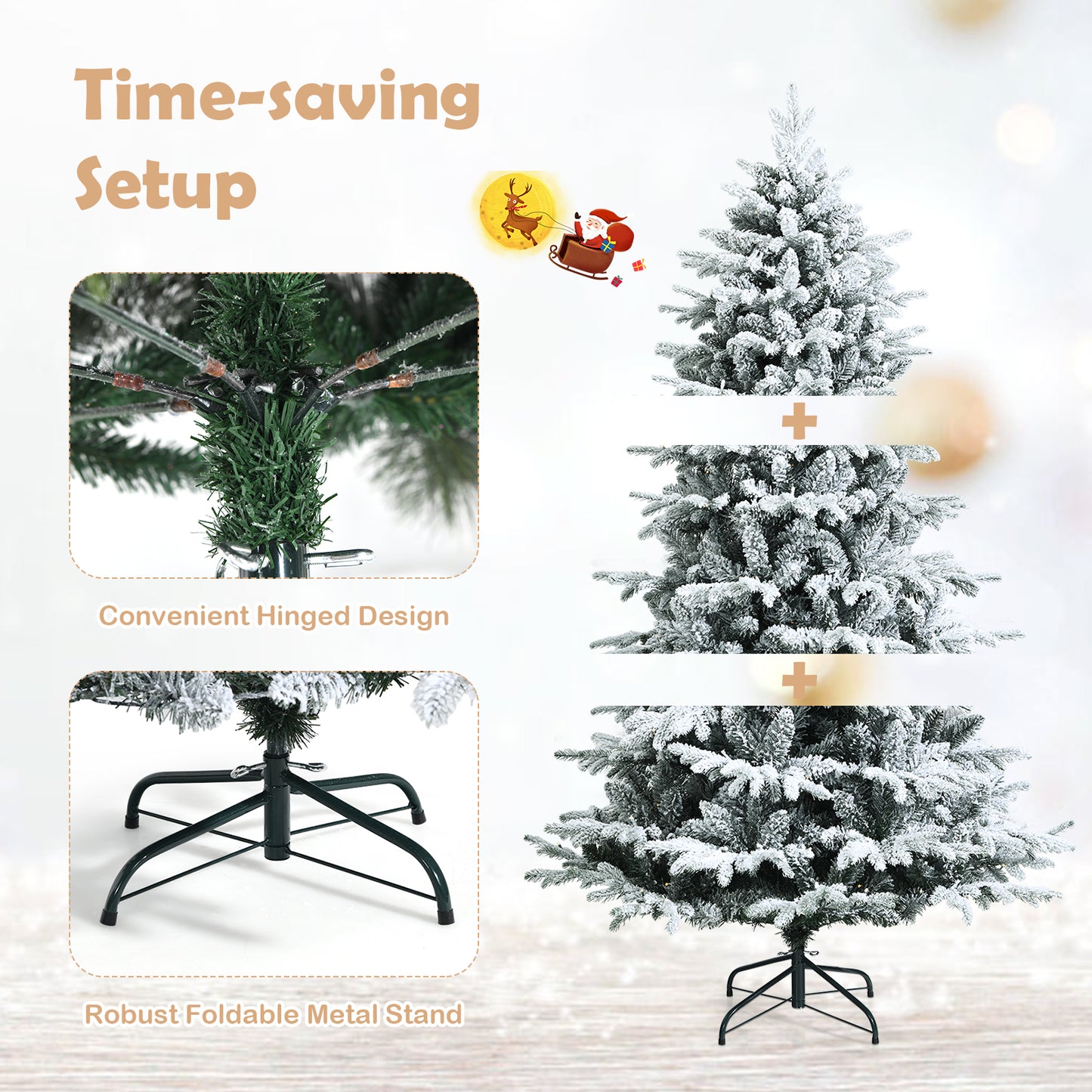 Topbuy 4.5FT/6FT/7FT Snow Flocked Christmas Tree, Pre-lit Artificial Xmas Tree w/ 120/260/300 LED Lights & 757/1415/1687 PE & PVC Branch Tips