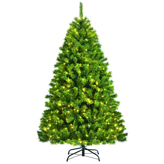 Topbuy 6.5FT/7.5FT Artificial Pre-Lit Christmas Tree, Snowy Christmas Hinged Tree w/924/1404 Branch Tips & 370/530 Warm LED lights