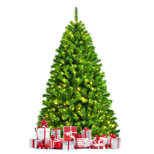 Topbuy 6.5FT/7.5FT Artificial Pre-Lit Christmas Tree, Snowy Christmas Hinged Tree w/924/1404 Branch Tips & 370/530 Warm LED lights