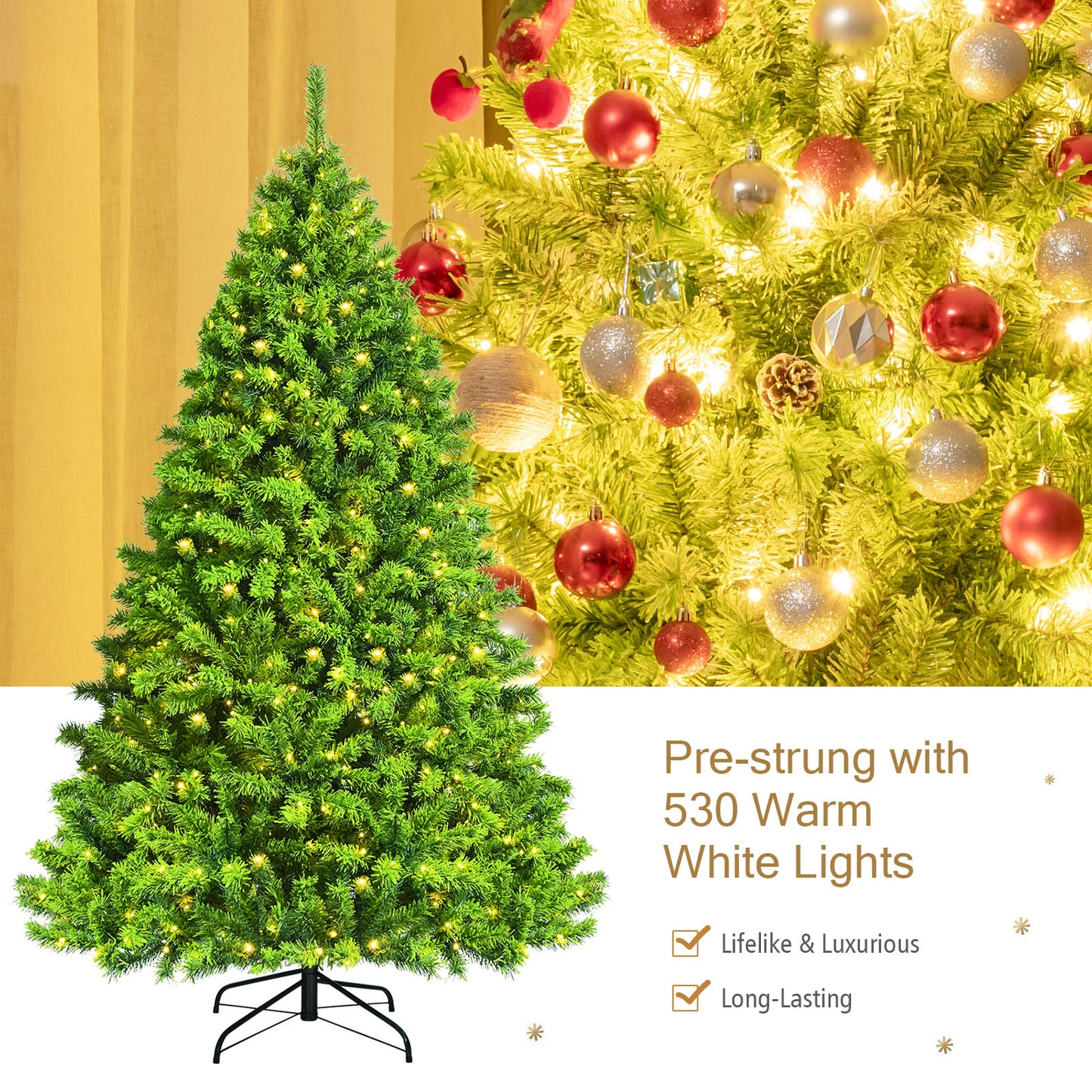 Topbuy 6.5FT/7.5FT Artificial Pre-Lit Christmas Tree, Snowy Christmas Hinged Tree w/924/1404 Branch Tips & 370/530 Warm LED lights