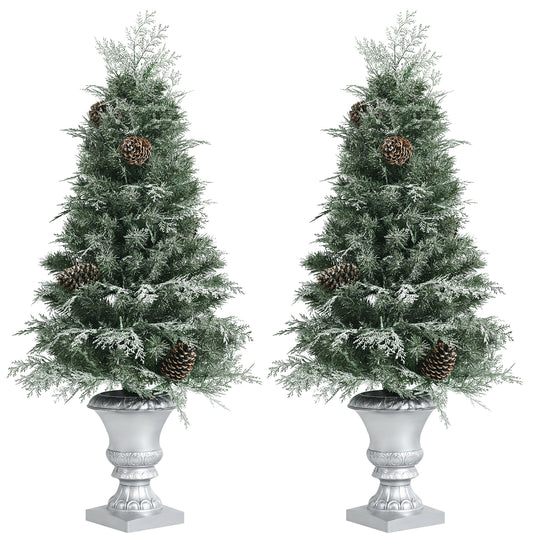 Topbuy 2PCS Pre-Lit Artificial Christmas Tree 4ft Snowy Realistic Entrance Tree W/ Pine Cones 413 PVC & PE Branch Tips