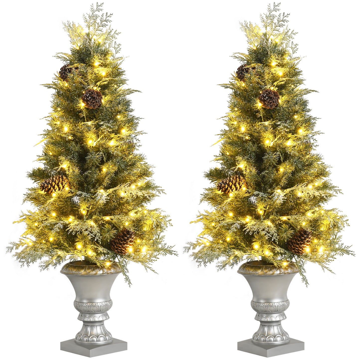 Topbuy 2PCS Pre-Lit Artificial Christmas Tree 4ft Snowy Realistic Entrance Tree W/ Pine Cones 413 PVC & PE Branch Tips