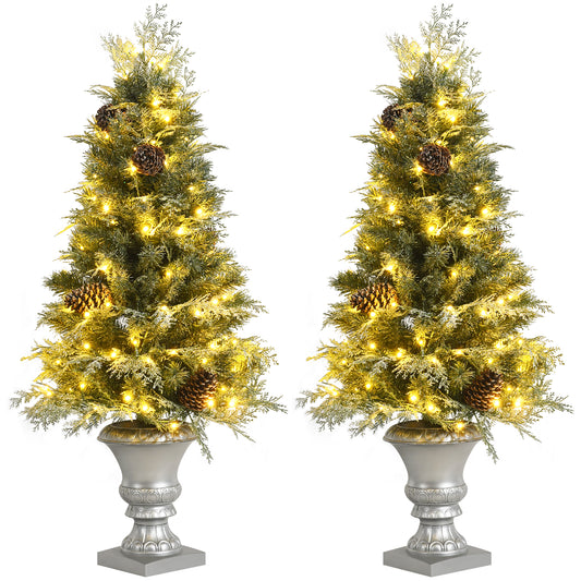 Topbuy 2PCS Pre-Lit Artificial Christmas Tree 4ft Snowy Realistic Entrance Tree W/ Pine Cones 413 PVC & PE Branch Tips