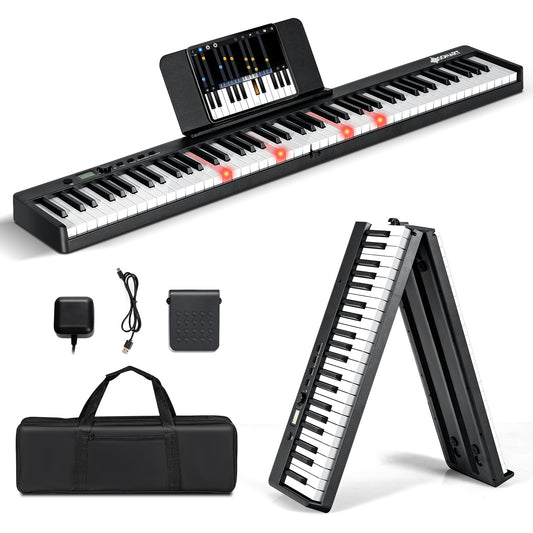 Topbuy 88-Key Foldable Digital Piano Keyboard Semi Weighted Piano Keyboard Full Size Lighted Keys for Beginner Black/White
