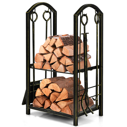 Topbuy Fireplace Log Rack with 4-Piece Fireplace Tools Wrought Iron Storage Logs Holder with Poker Bronze/Black