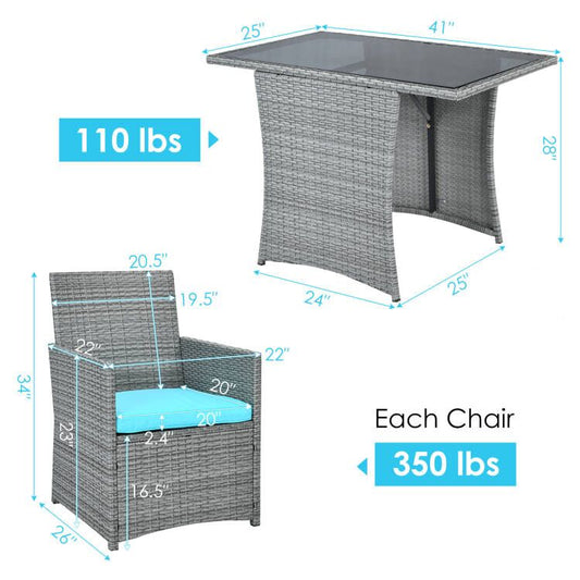 Patiojoy 3PCS Patio Rattan Furniture Set Outdoor Wicker Table & Chair Set w/Cushions Turquoise/Navy/White/Red/Gray