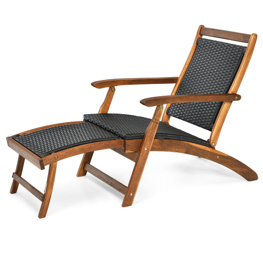 Patiojoy 1PC/2PCS Patio Folding Rattan Chaise Lounge Chair Acacia Wooden Frame W/ Retractable Footrest for Poolside&Patio