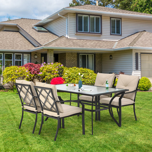 Patiojoy 5PCS Patio Dining Set Stack Chairs Cushioned Glass Table with Umbrella Hole Furniture Set Outdoor Conversation Set