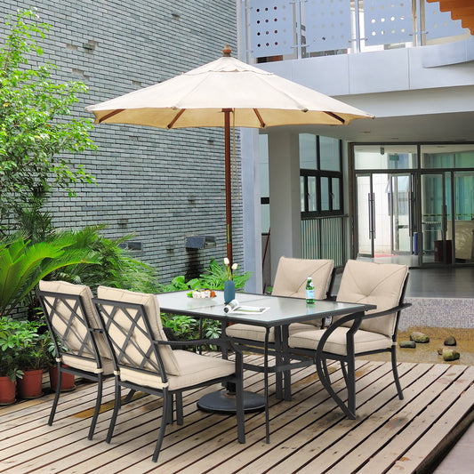 Patiojoy 5PCS Patio Dining Set Stack Chairs Cushioned Glass Table with Umbrella Hole Furniture Set Outdoor Conversation Set