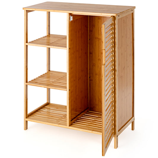 Topbuy Bathroom Storage Cabinet Bamboo Floor Cabinet Free Standing Organizer with Single Door & 3 Open Shelves