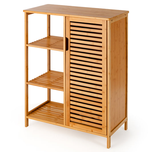 Topbuy Bathroom Storage Cabinet Bamboo Floor Cabinet Free Standing Organizer with Single Door & 3 Open Shelves