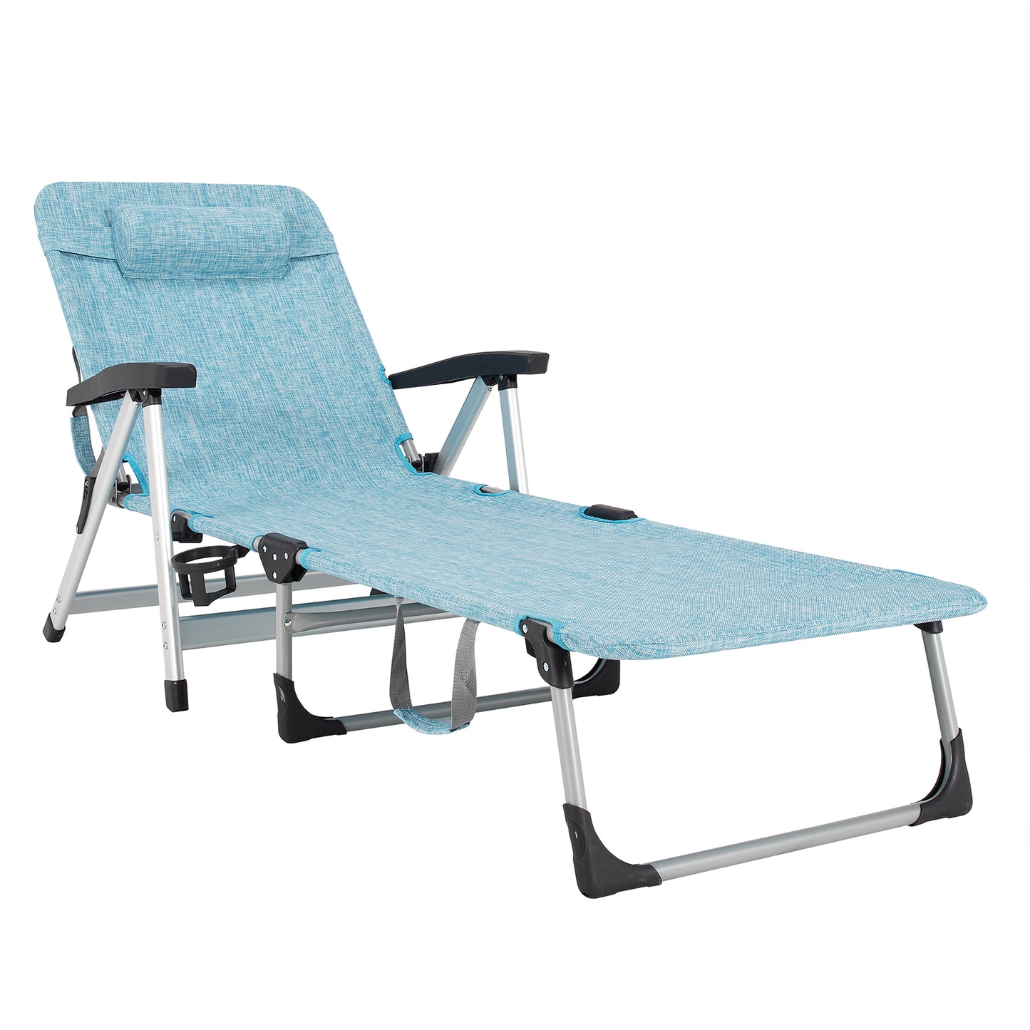 Topbuy Folding Camping Cot, Adjustable 7-position Lounge Chair w/ Removable Headrest & Cup Holder Beige/Blue/Grey