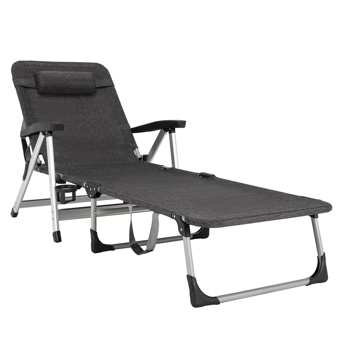 Topbuy Folding Camping Cot, Adjustable 7-position Lounge Chair w/ Removable Headrest & Cup Holder Beige/Blue/Grey