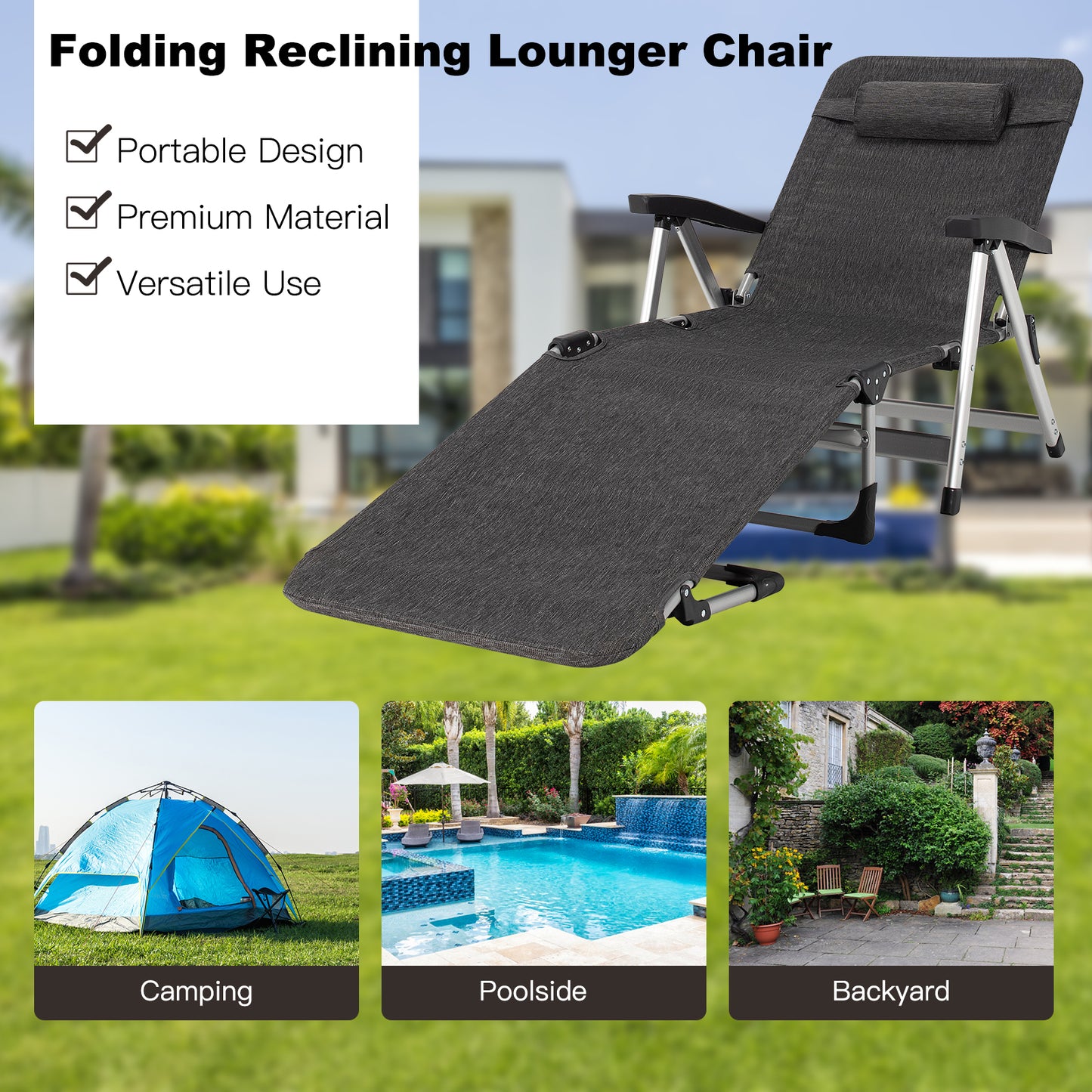 Topbuy Folding Camping Cot, Adjustable 7-position Lounge Chair w/ Removable Headrest & Cup Holder Beige/Blue/Grey