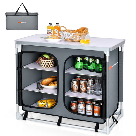 Topbuy Portable Outdoor Camping Table Aluminum Kitchen Station w/Storage Shelves & Carrying Bag for BBQ