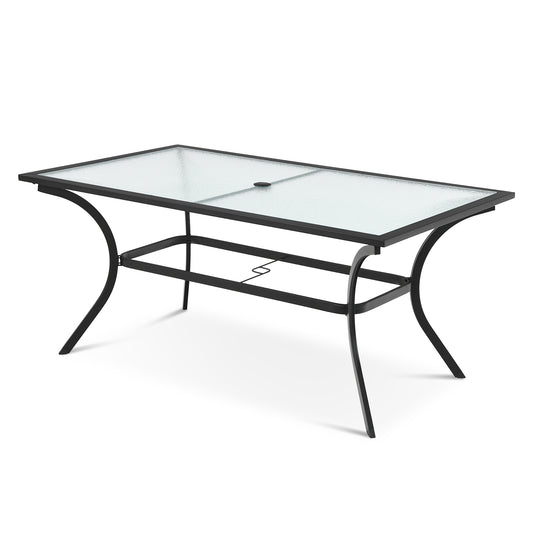 Patiojoy Outdoor 66'' x 38'' Patio Dining Table Oversize Rectangular Garden Deck W/Umbrella Hole and Tempered Glass Tabletop for Garden