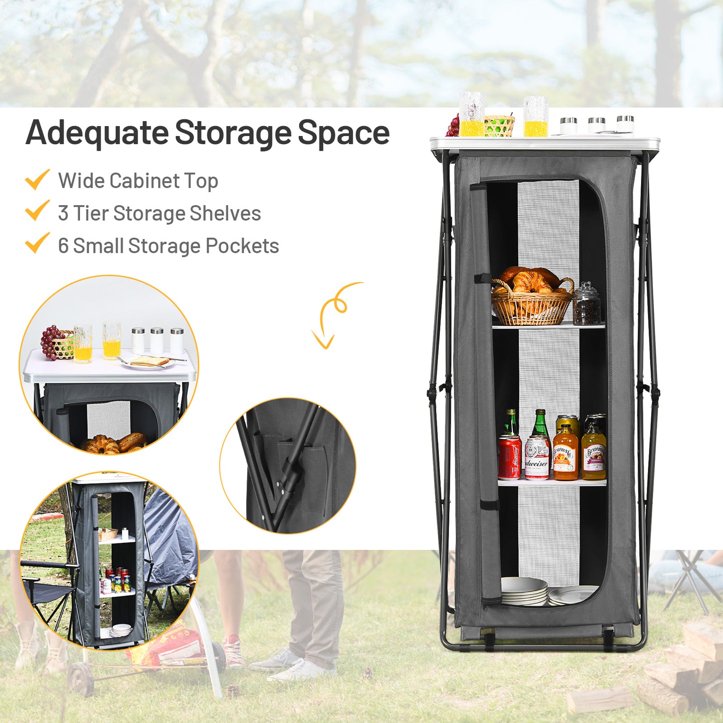 Patiojoy Portable Outdoor Camping Storage Cabinet Folding Organizer Kitchen Table w/ 3 Shelves and Carry Bag for BBQ M/L/XL